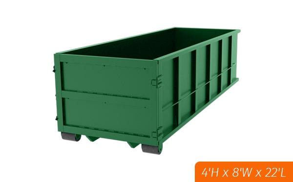 the twenty-yard dumpsters have the capacity to hold up to 20 cubic yards of material with a weight limit of 3 to 4 tons